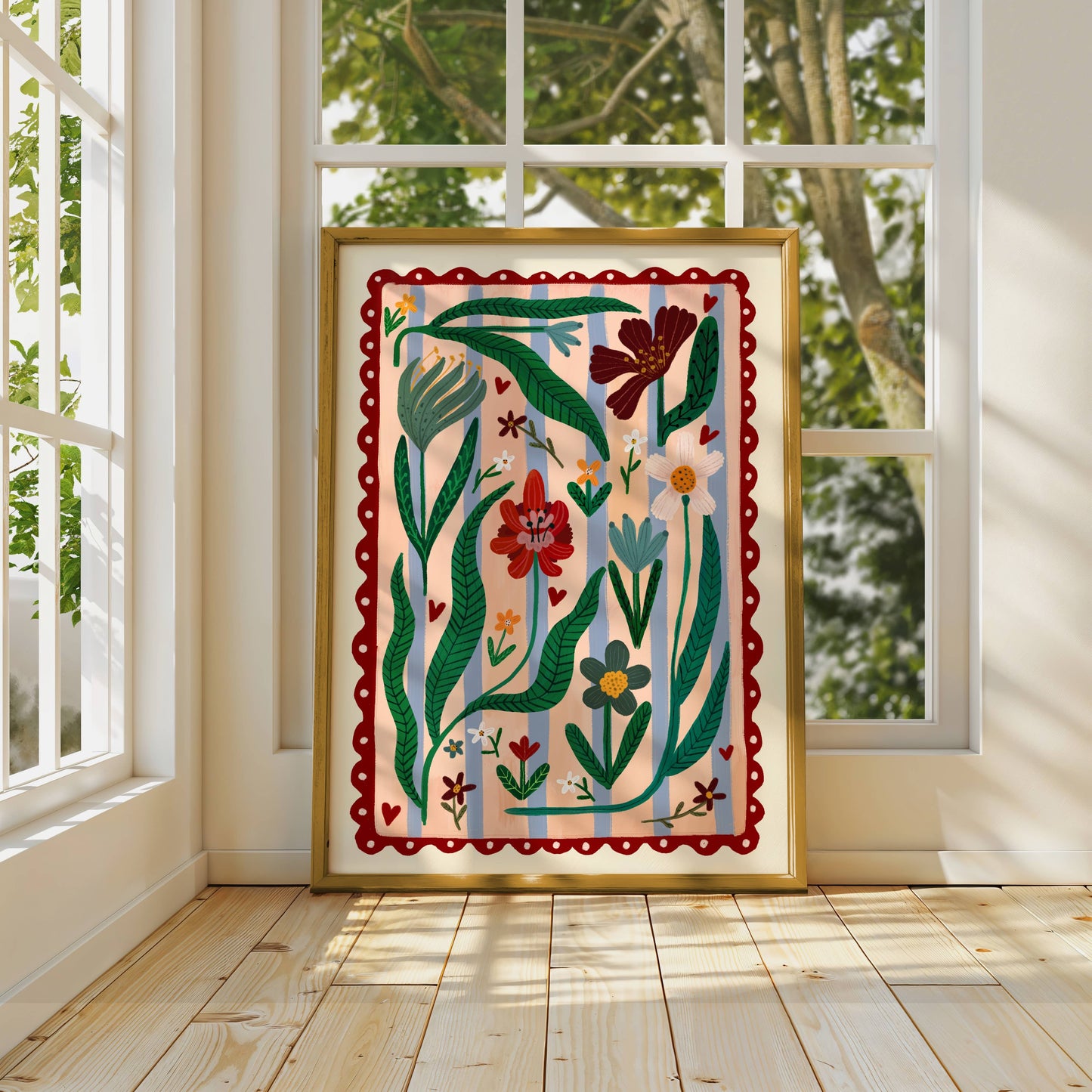 Boho Flower Striped Art Print | Hand drawn wall art