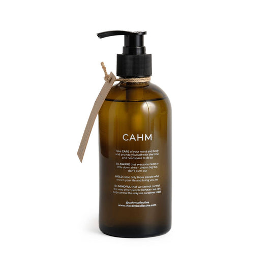 Brown bottle with pump and 'CAHM' label on a white background