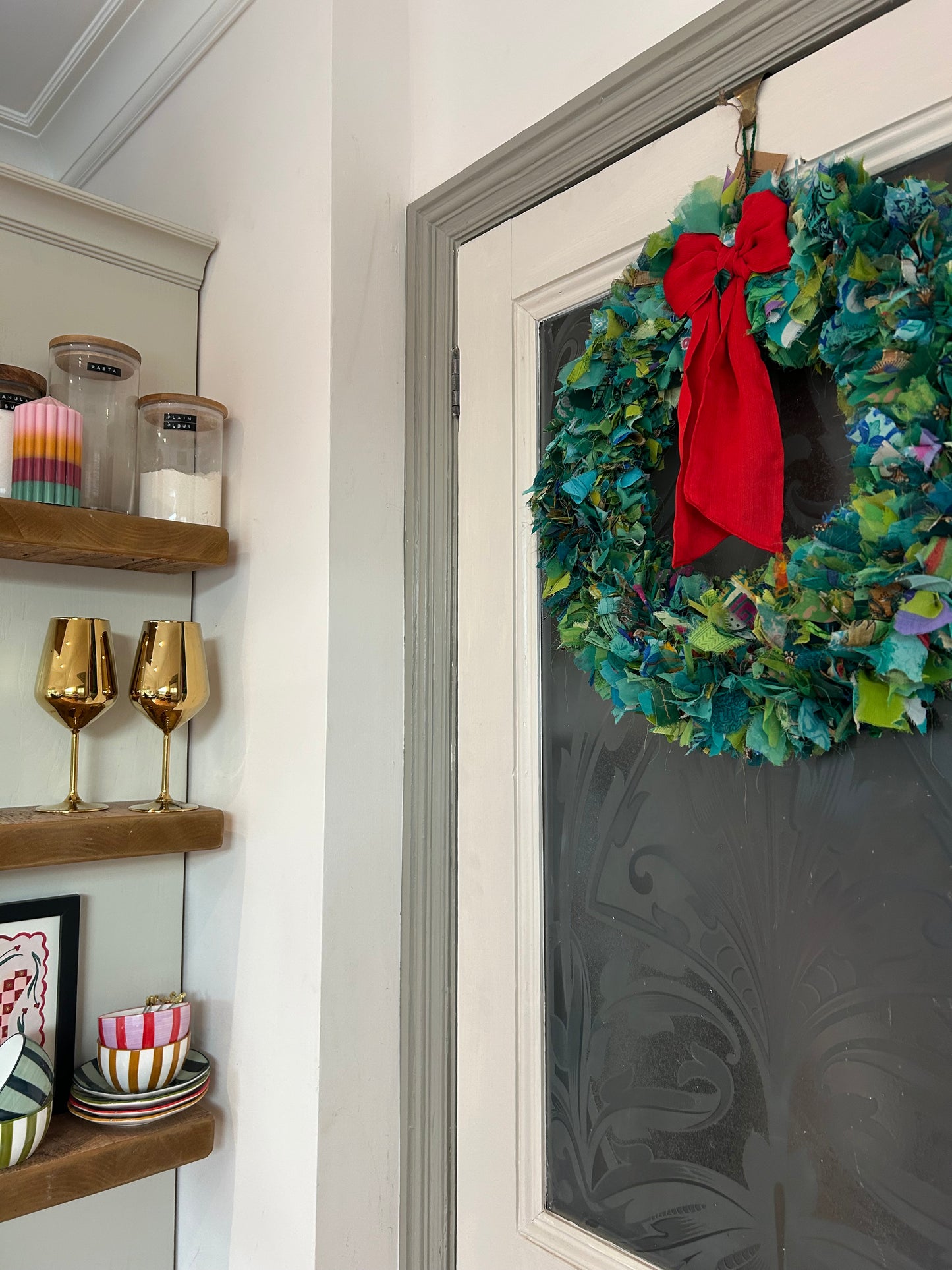 Recycled Sari Green Wreath with Red Bow | Eco-Friendly Festive Door Decor