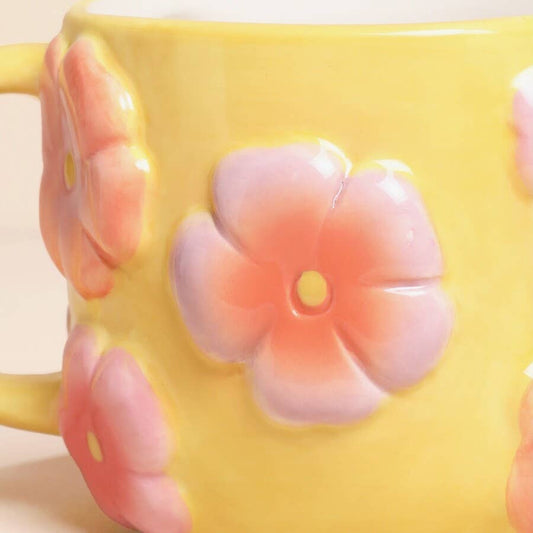 Retro Floral Yellow and Pink Ceramic Mug | Unique Drinkware