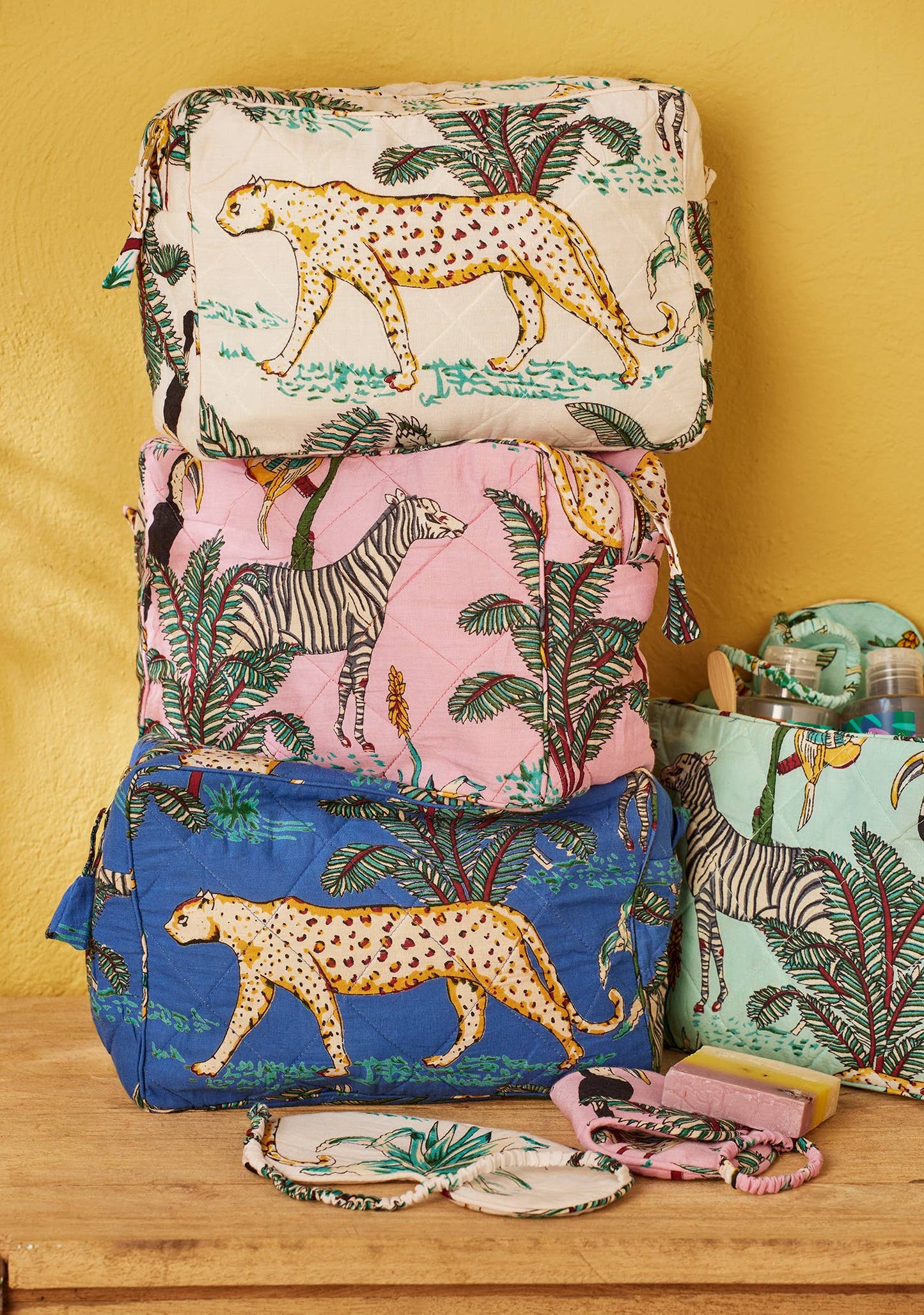 Hand Screen Printed Jungle Print Wash Bag | Quilted Cotton Toiletry Bag