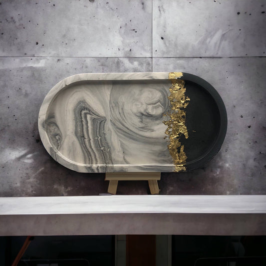Grey marble and golf leaf oval tray