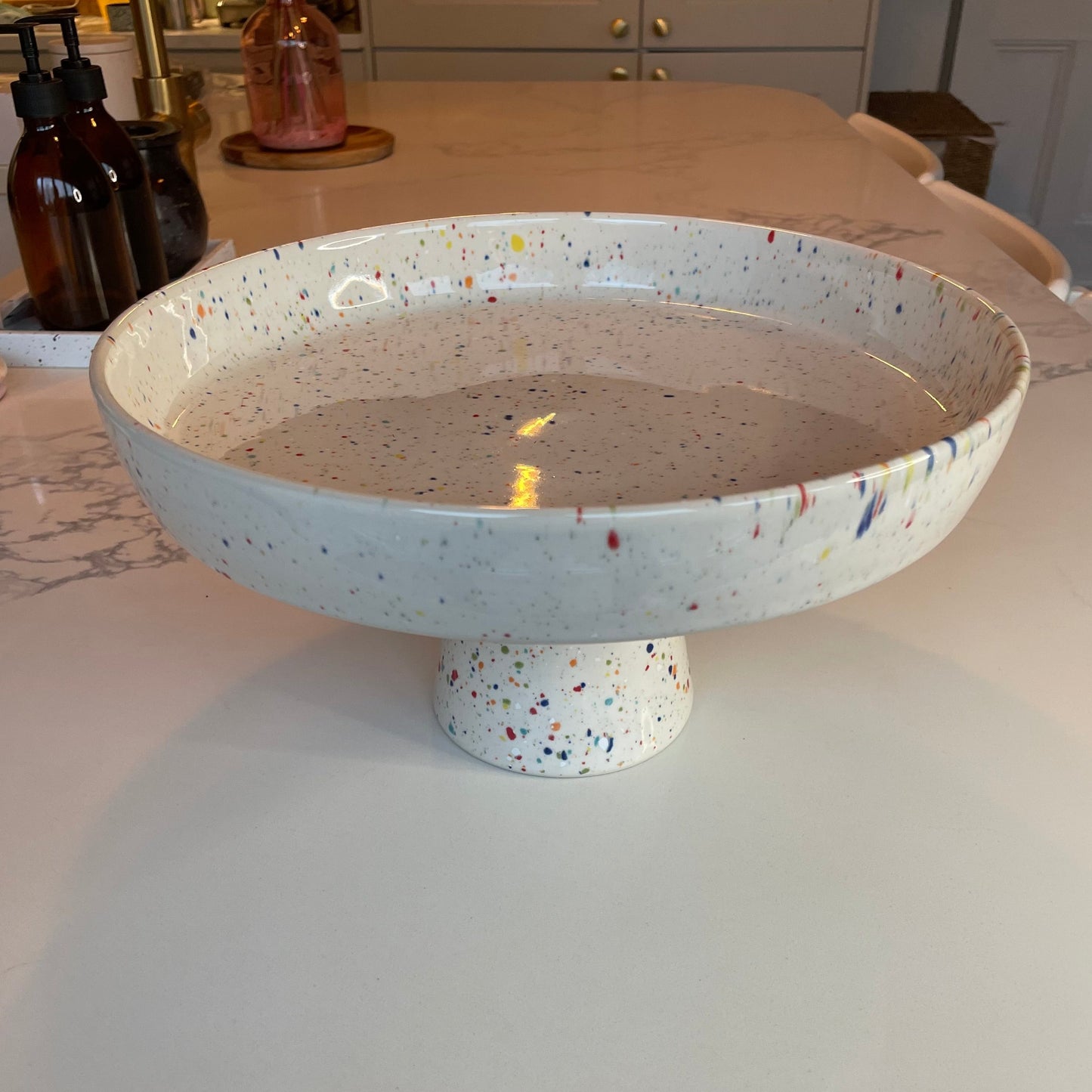 White Cake Stand with Splatter Pattern | Hand-Painted Ceramic Cake Stand
