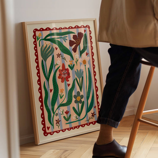 Boho Flower Striped Art Print | Hand drawn wall art