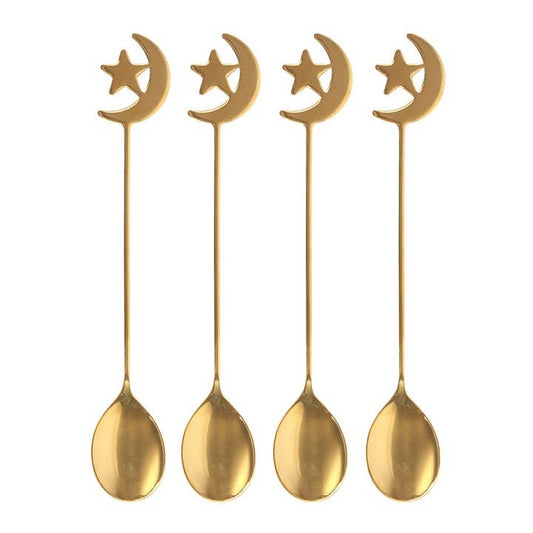 Set of 4 Star & Moon Teaspoons | Celestial Gold Spoon Set