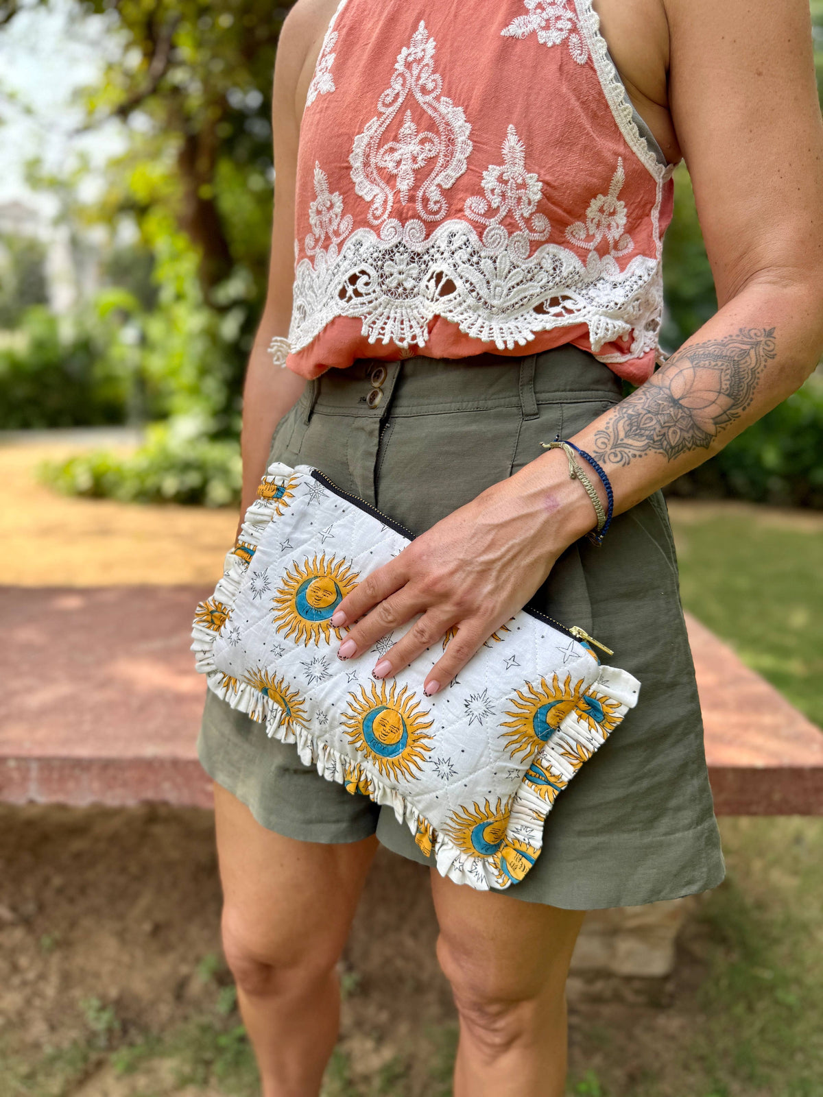 Celestial Ruffle Clutch | Hand Block Printed Quilted Cotton Clutch Bag