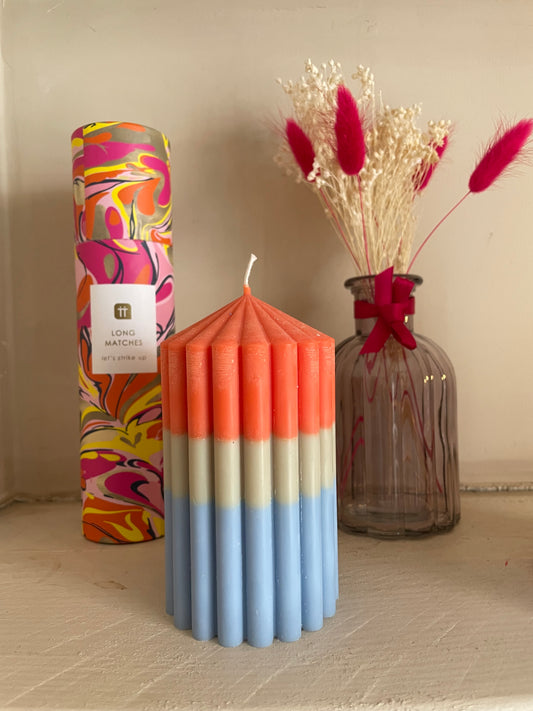 Medium Orange, blue & grey colour block candle - Florence | Handrafted ribbed candle
