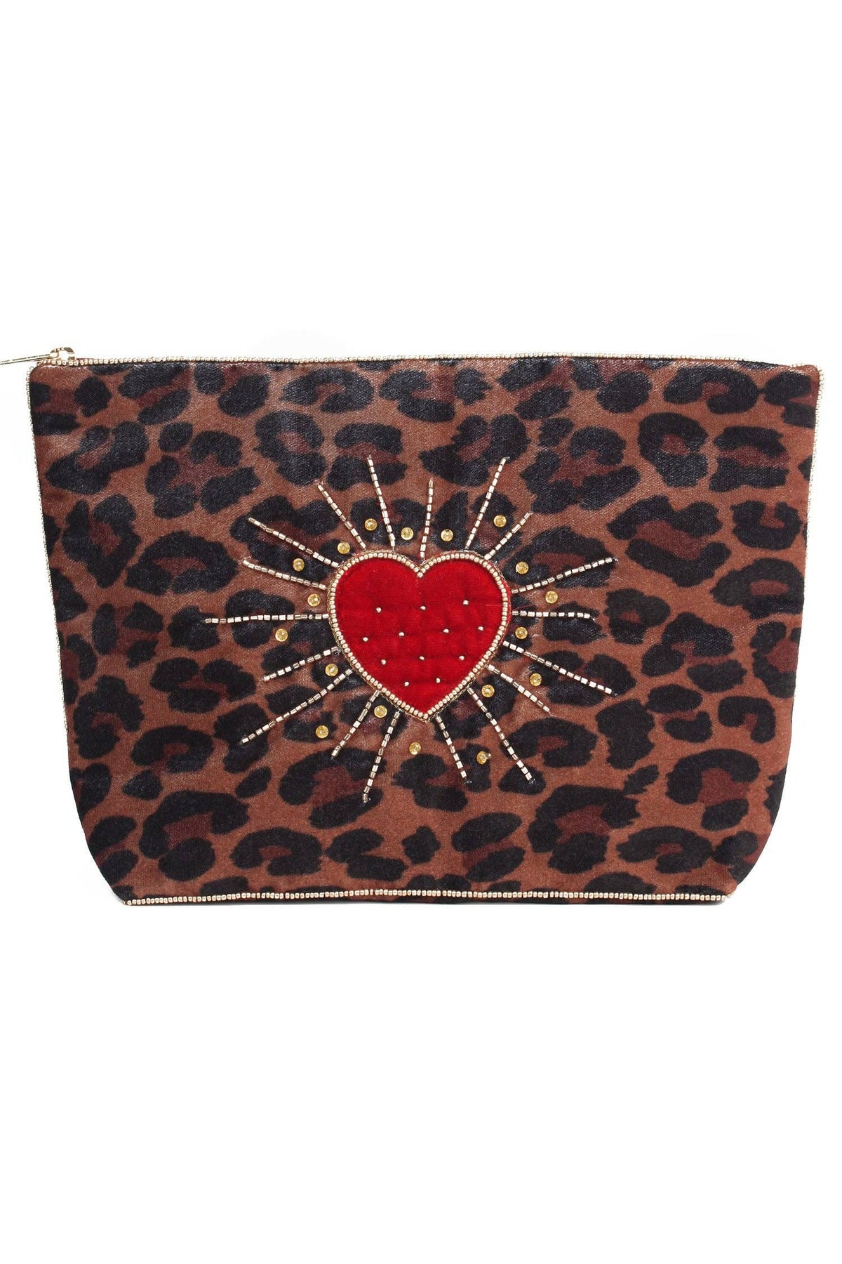 My Doris Leopard Heart Burst Large Pouch | Beaded Velvet Clutch Bag & Make Up Bag