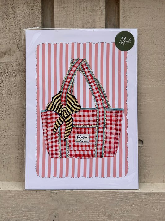 Red Gingham Shopper Print | A4 Handdrawn Stripe Art Print