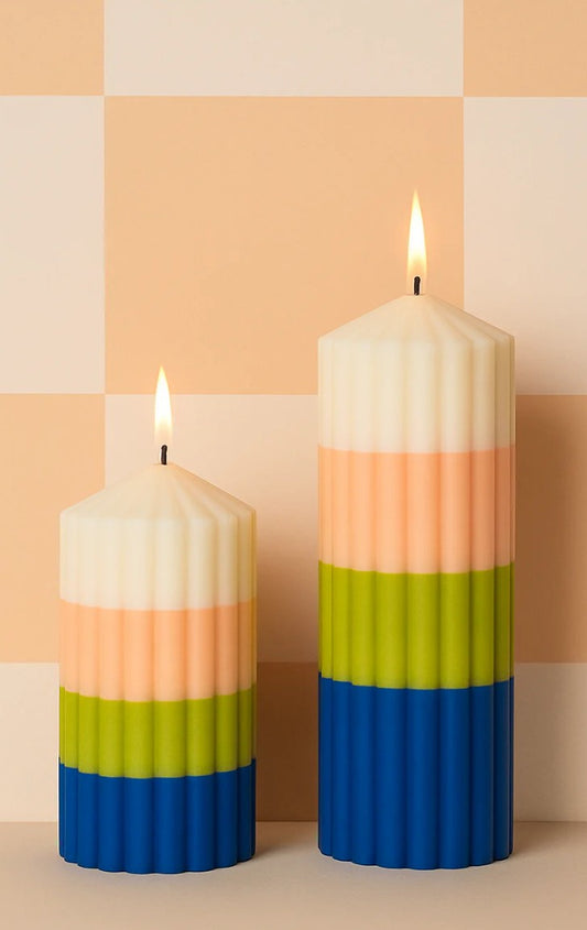 ABEL Colourblock Pillar Candle | White, Peach, Chartreuse & Cobalt