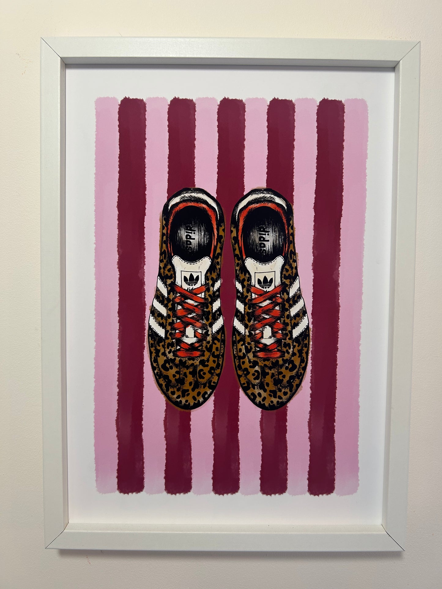 Leopard Samba Stripe Print | Trainer Illustration Art with Pink & Burgundy Stripe Background