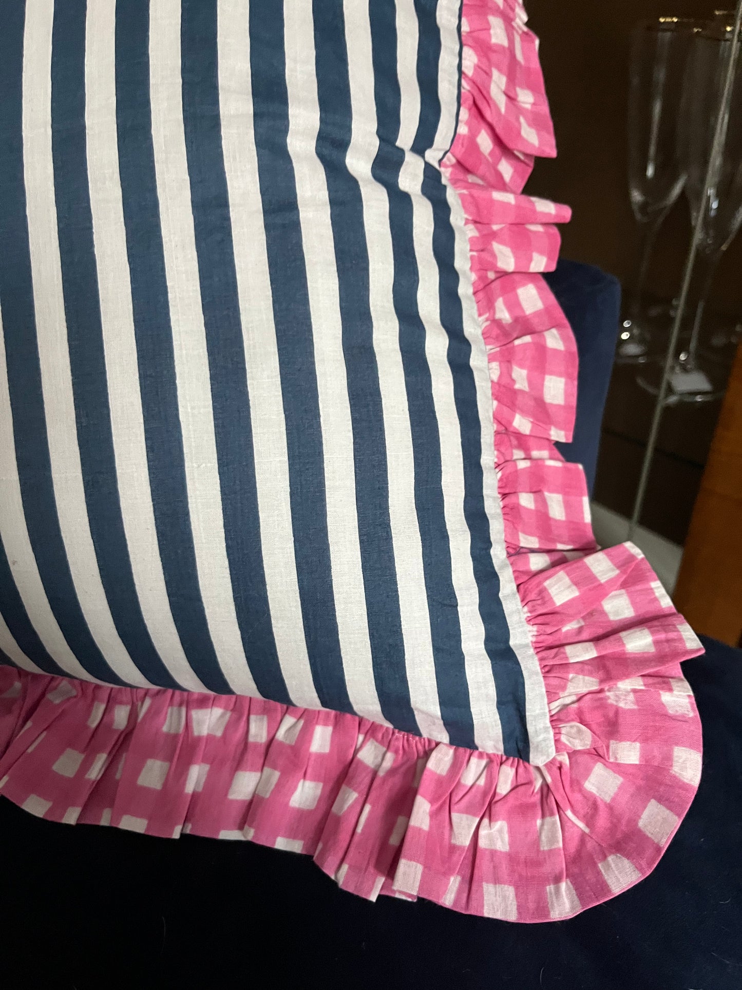 Blue & White Stripe Cushion with Pink Gingham Frill | Elegant Home Decor