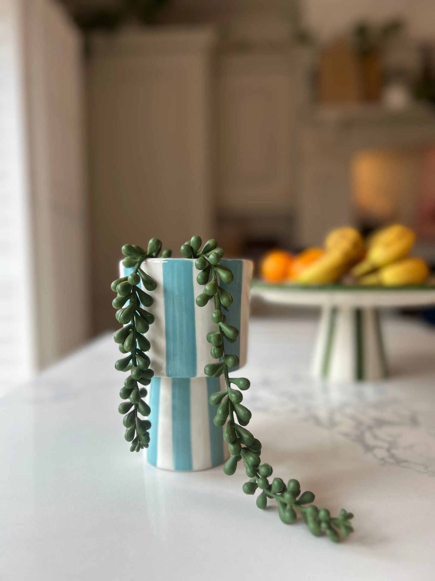 Blue & White Stripe Two-Tiered Vase | Ceramic Homeware