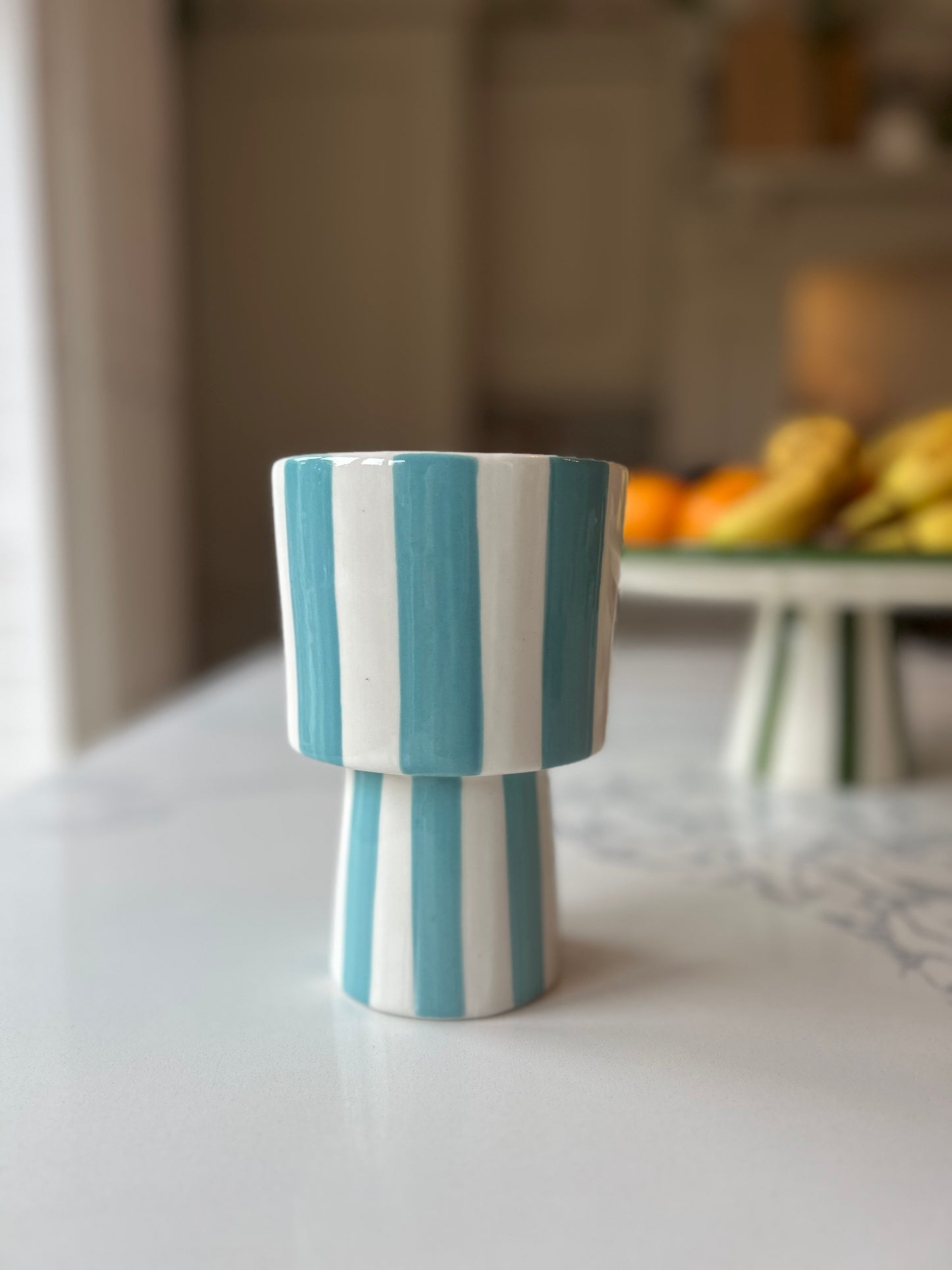 Blue & White Stripe Two-Tiered Vase | Ceramic Homeware