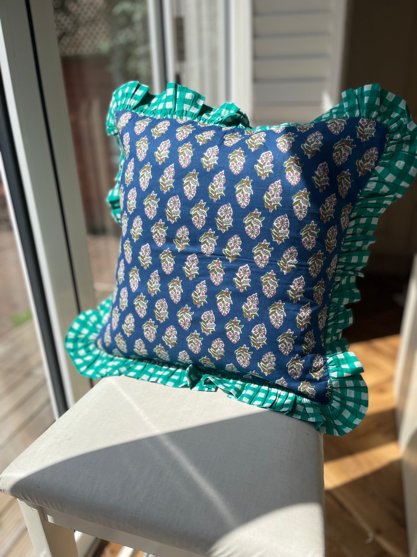 Blue floral cushion with turquoise gingham frill | Handmade cushions