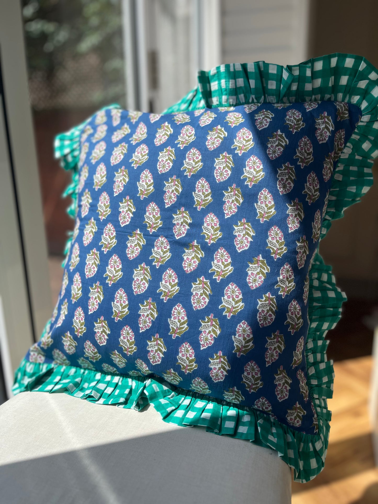 Blue floral cushion with turquoise gingham frill | Handmade cushions