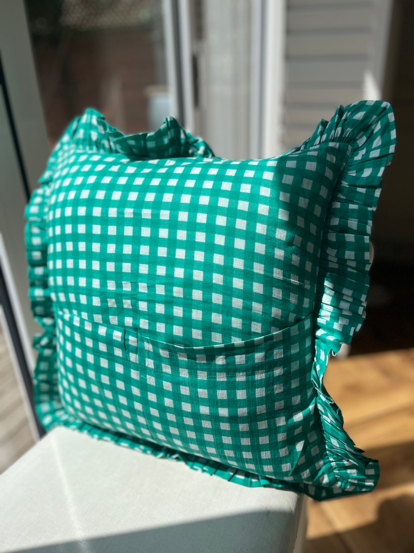 Blue floral cushion with turquoise gingham frill | Handmade cushions