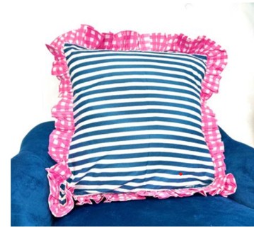 Blue & White Stripe Cushion with Pink Gingham Frill | Elegant Home Decor