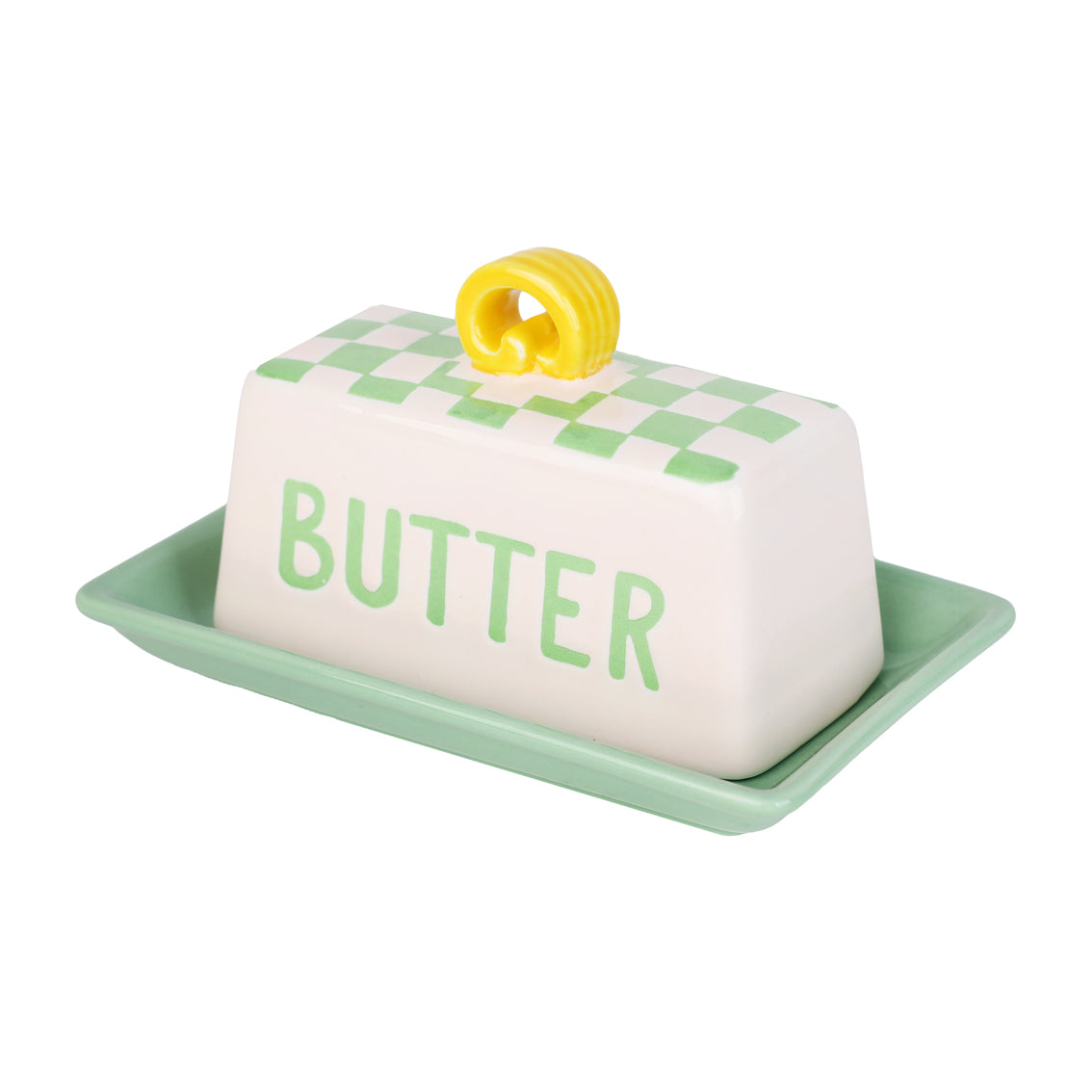 Butter dish with green lid and 'butter' text on a white background