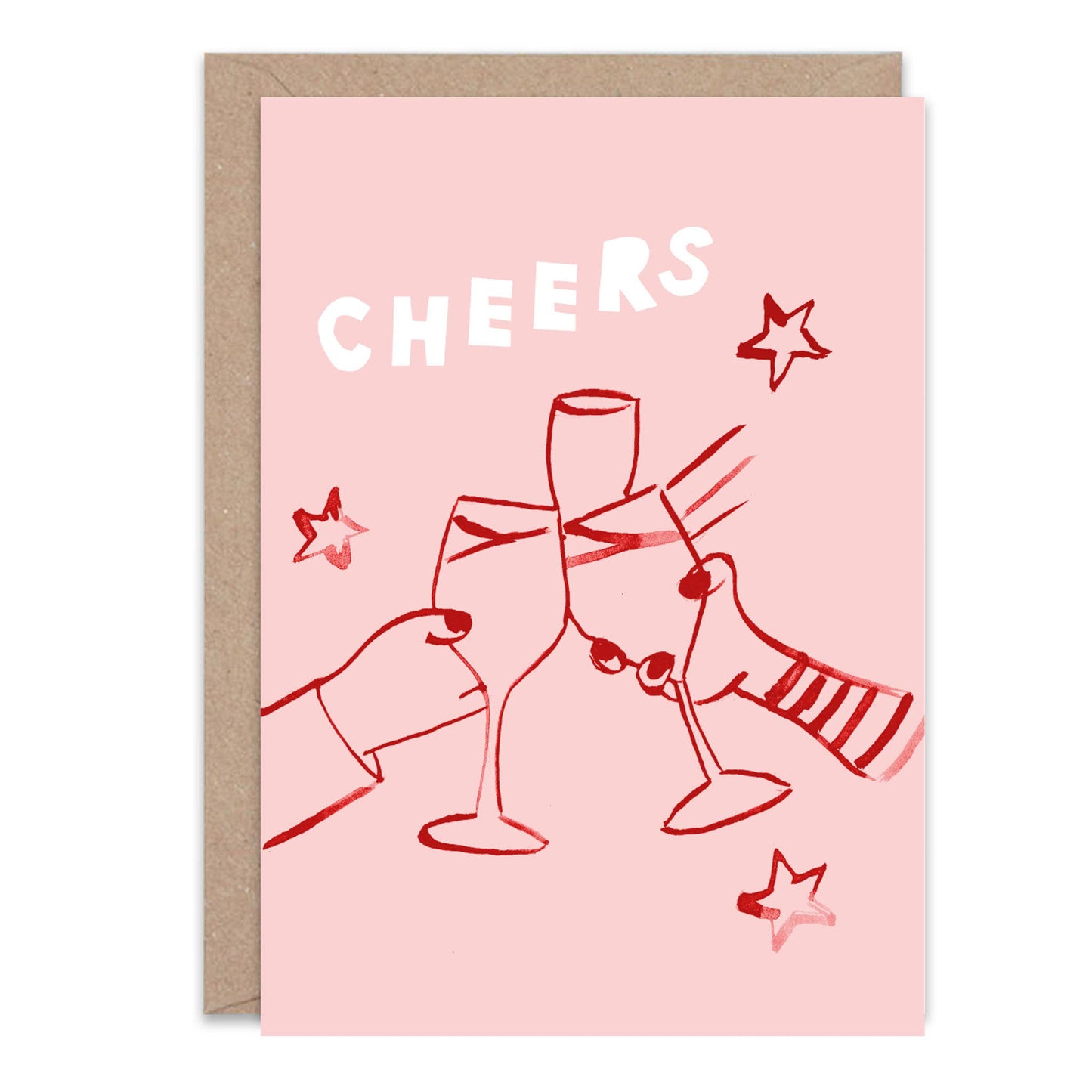 Greeting card with 'Cheers' text and wine glass illustrations on a pink background