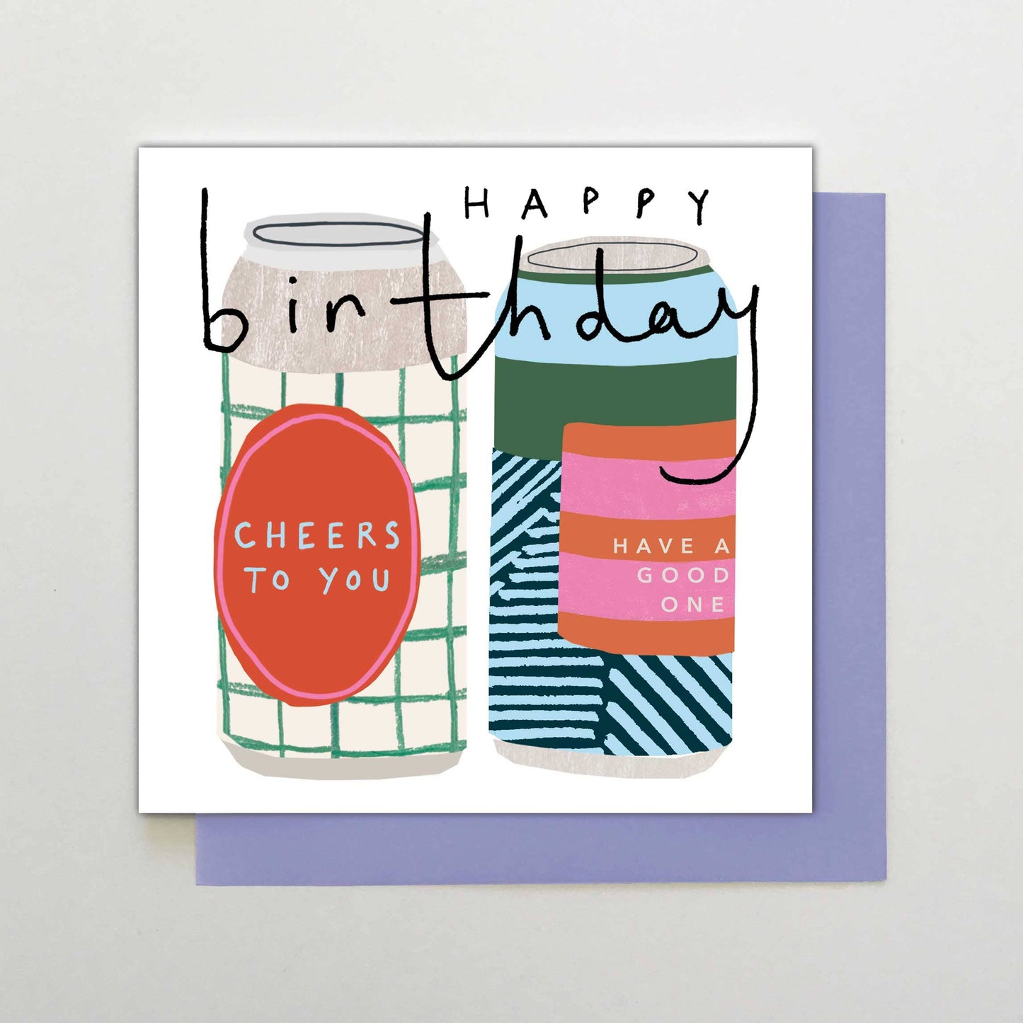 Birthday card with two colorful drink cans and text on a white background