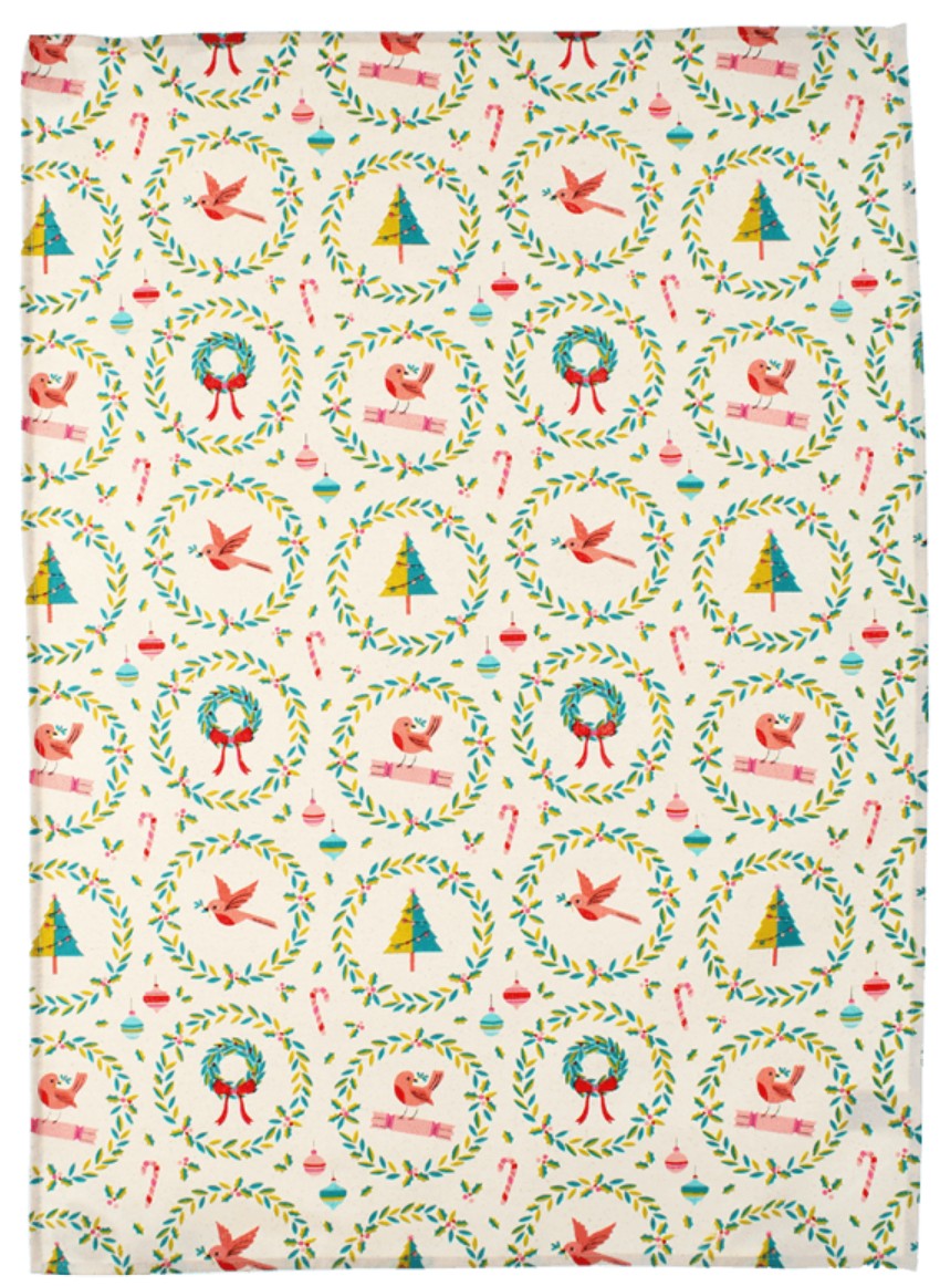 Christmas Robins Tea Towel | Festive 100% Cotton Kitchen Towel