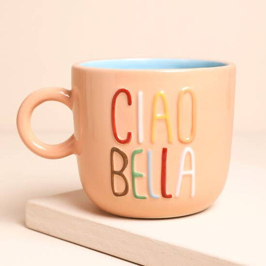 Peach Embossed Ciao Bella Ceramic Mug | Stylish drinkware