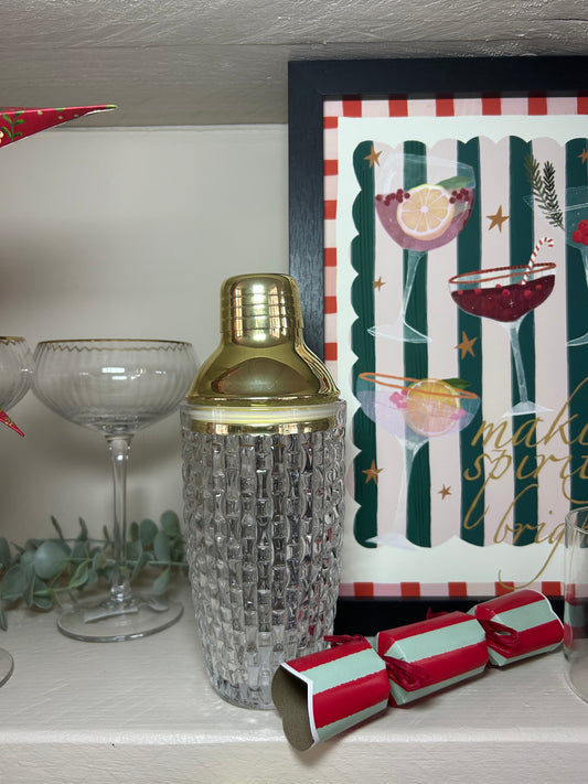 Clear Textured Glass Cocktail Shaker | Gold Stainless Steel Lid, Home Bar Gift