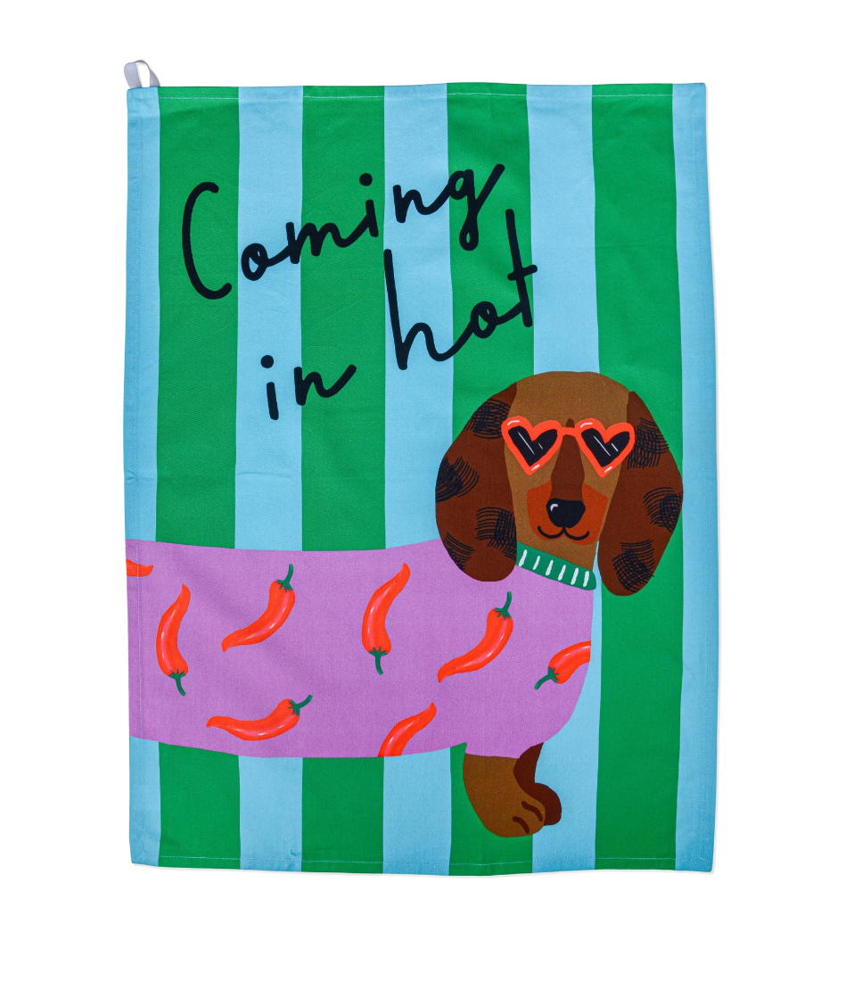 Coming In Hot Tea Towel | Sausage Dog & Chilli Pepper Cotton Kitchen Tea Towel