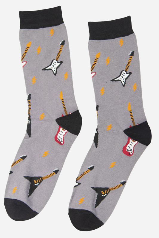 Gray socks with guitar pattern on a white background