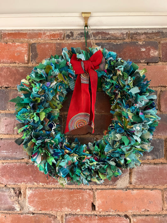 Recycled Sari Green Wreath with Red Bow | Eco-Friendly Festive Door Decor