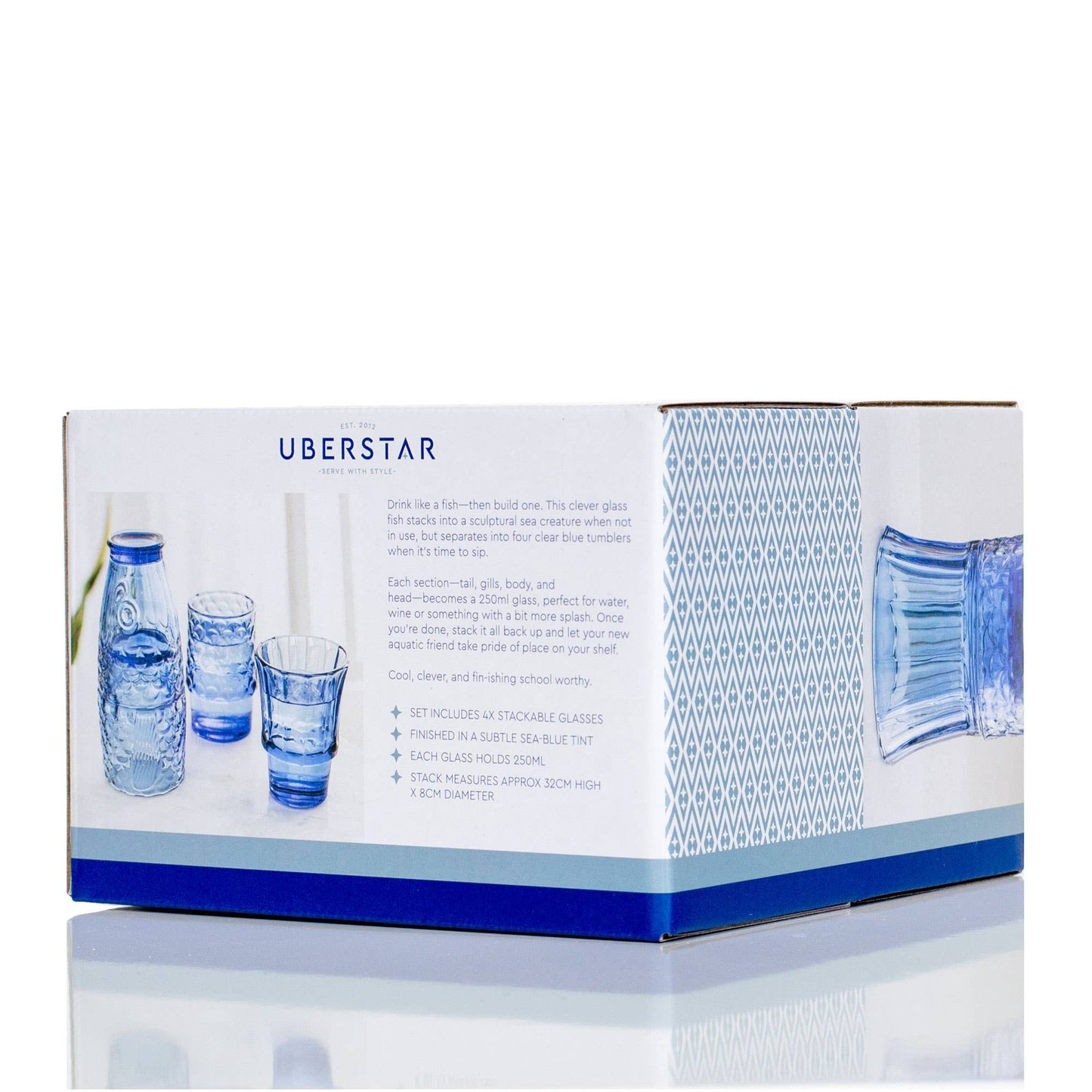 Box of Uberstar glassware with blue and white design