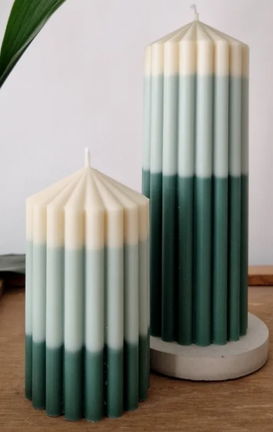 Medium Green and blue colour block pillar candle - Agnes | Handcrafted Ribbed Candle
