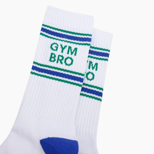 White sock with blue and green stripes and 'Gym Bro' text on a white background