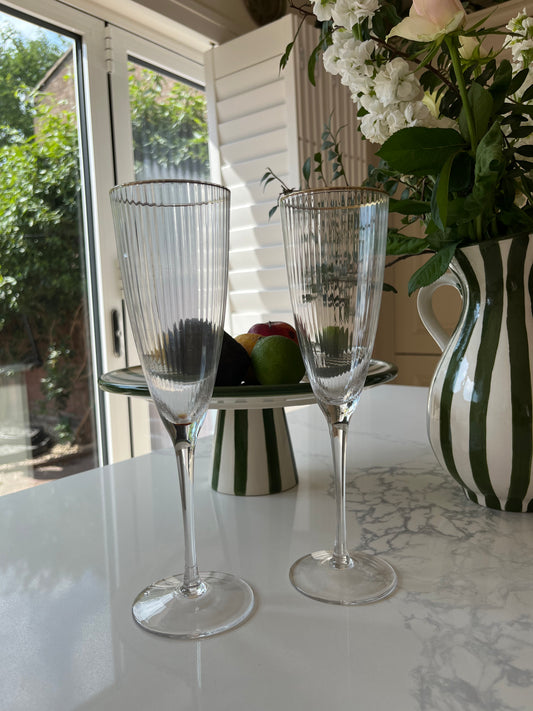 Gold rim ribbed flute glass | Set of 2