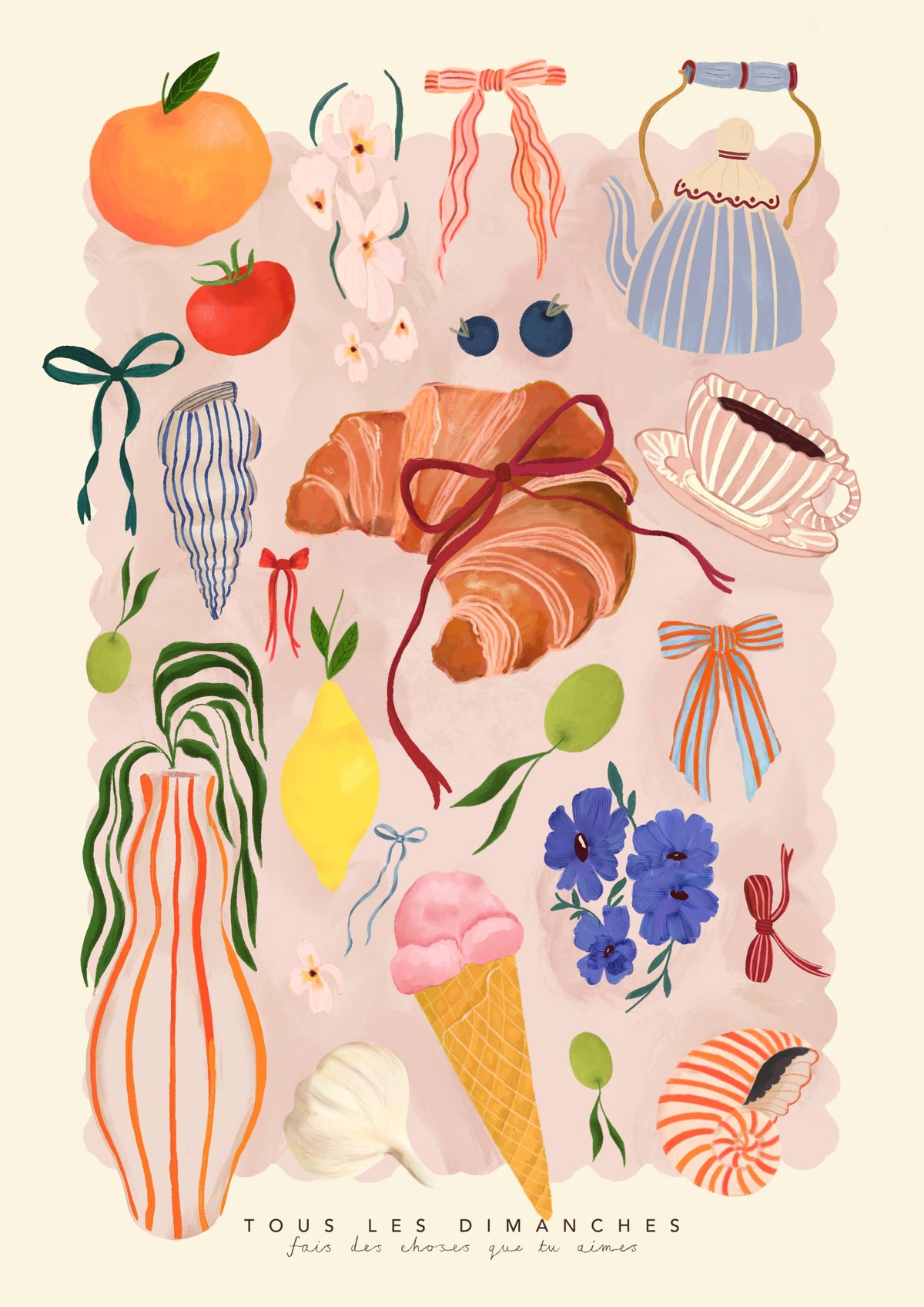 Illustrated collage of various objects including a teapot, flowers, a croissant, and an ice cream cone on a light pink background.