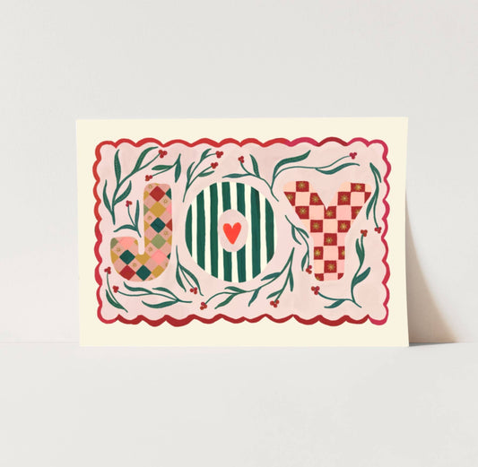 Decorative card with 'JOY' text and geometric patterns on a light gray background