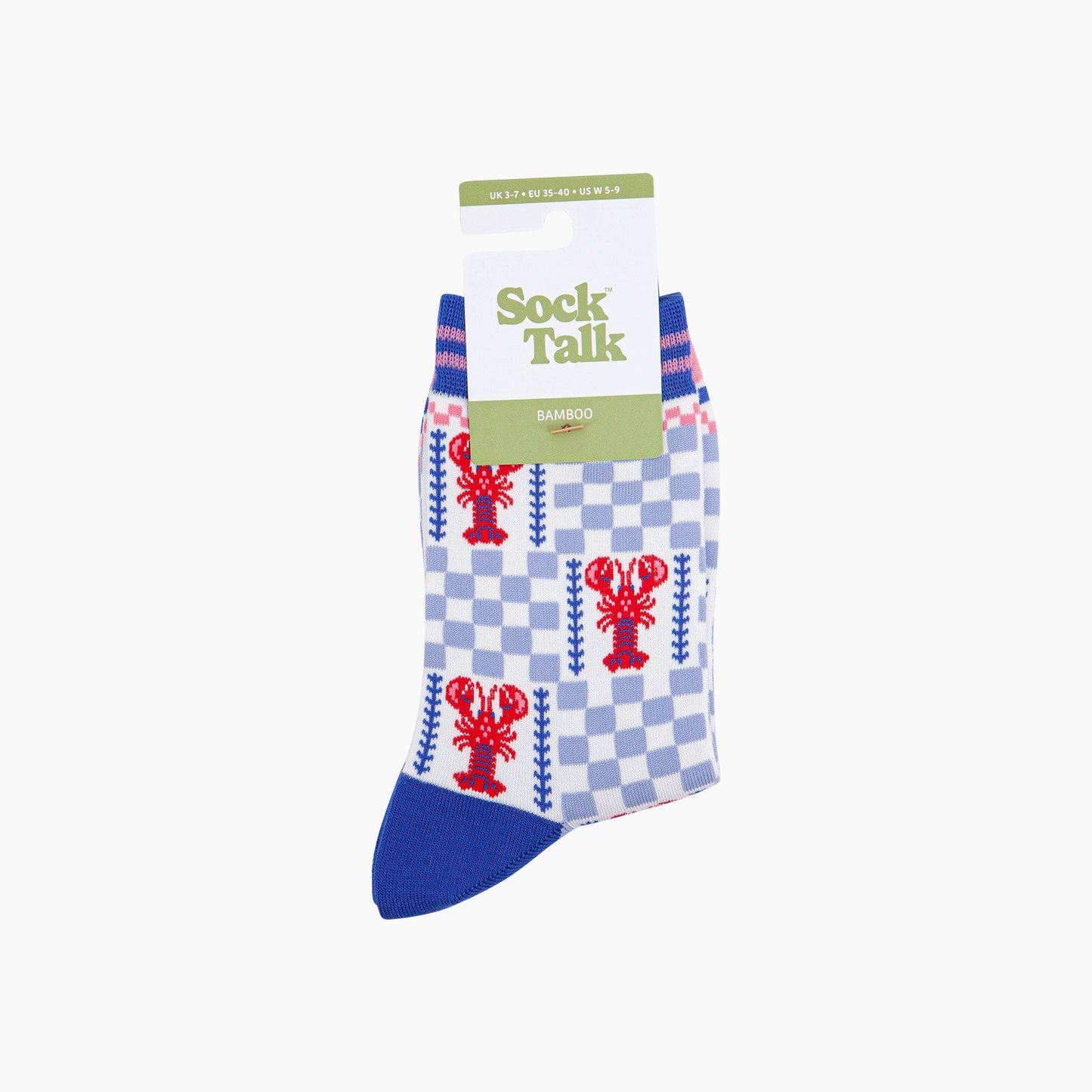 Sock with lobster design on a checkered pattern, displayed with packaging on a white background