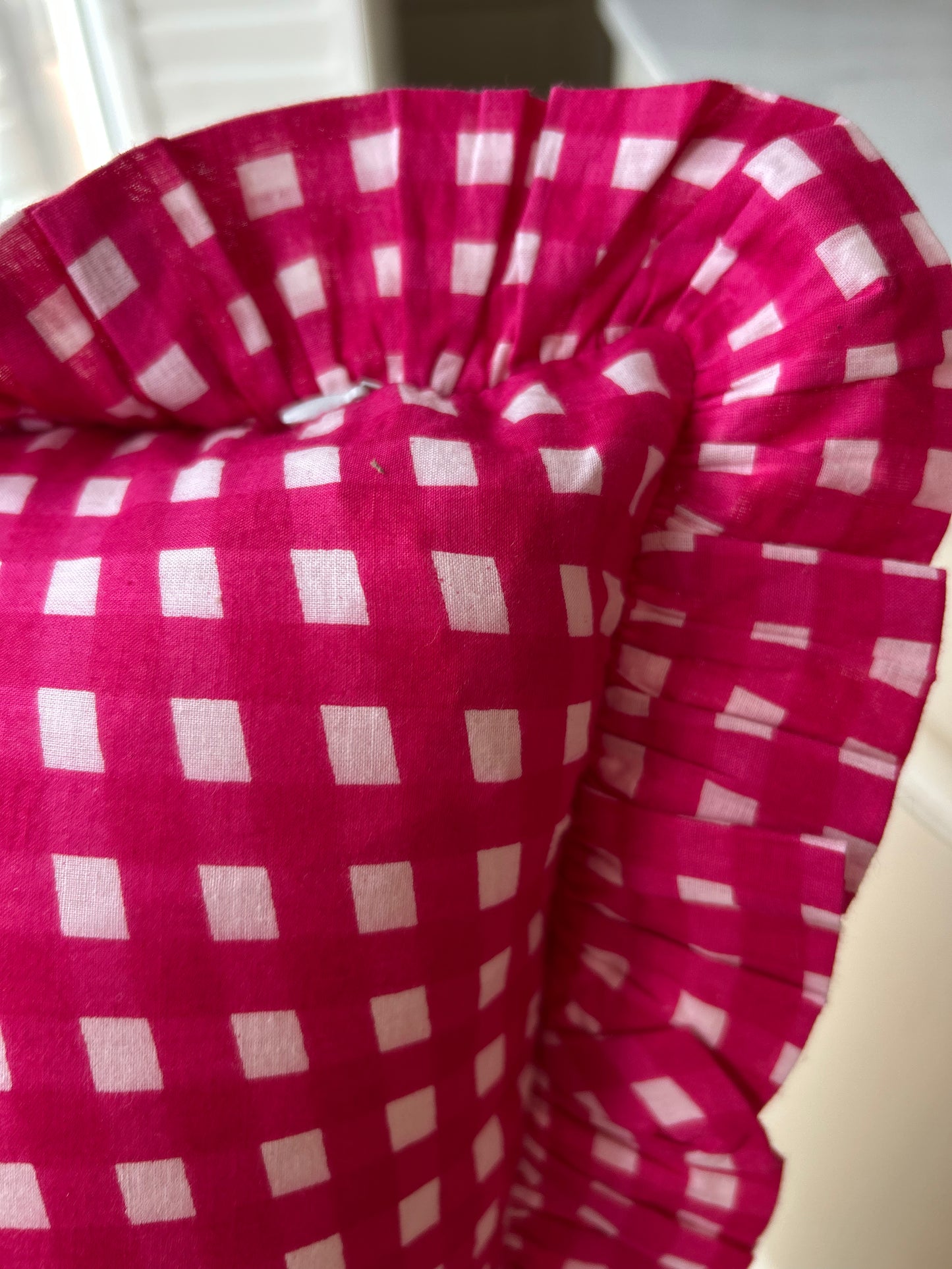 Fuchsia Pink & Orange Gingham Frill Cushion Cover 18" | Reversible Cotton Cover