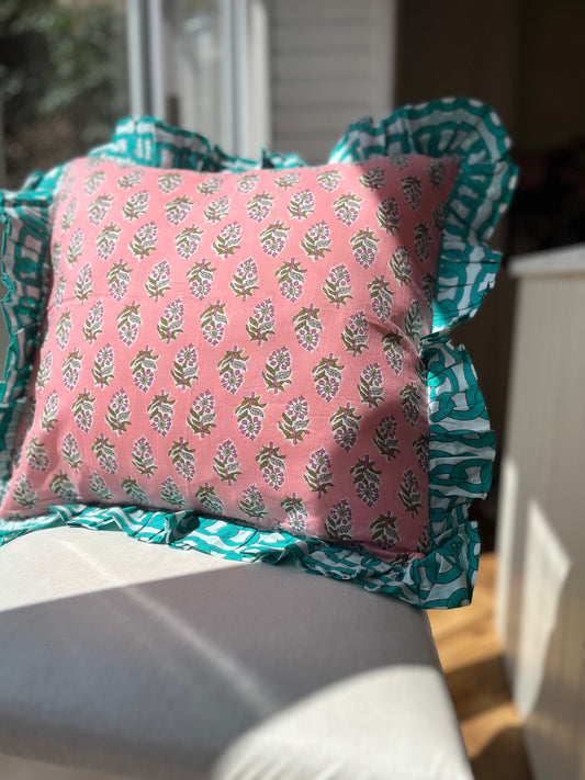 Pink floral cushion with turquoise chain frill | Handmade cushions