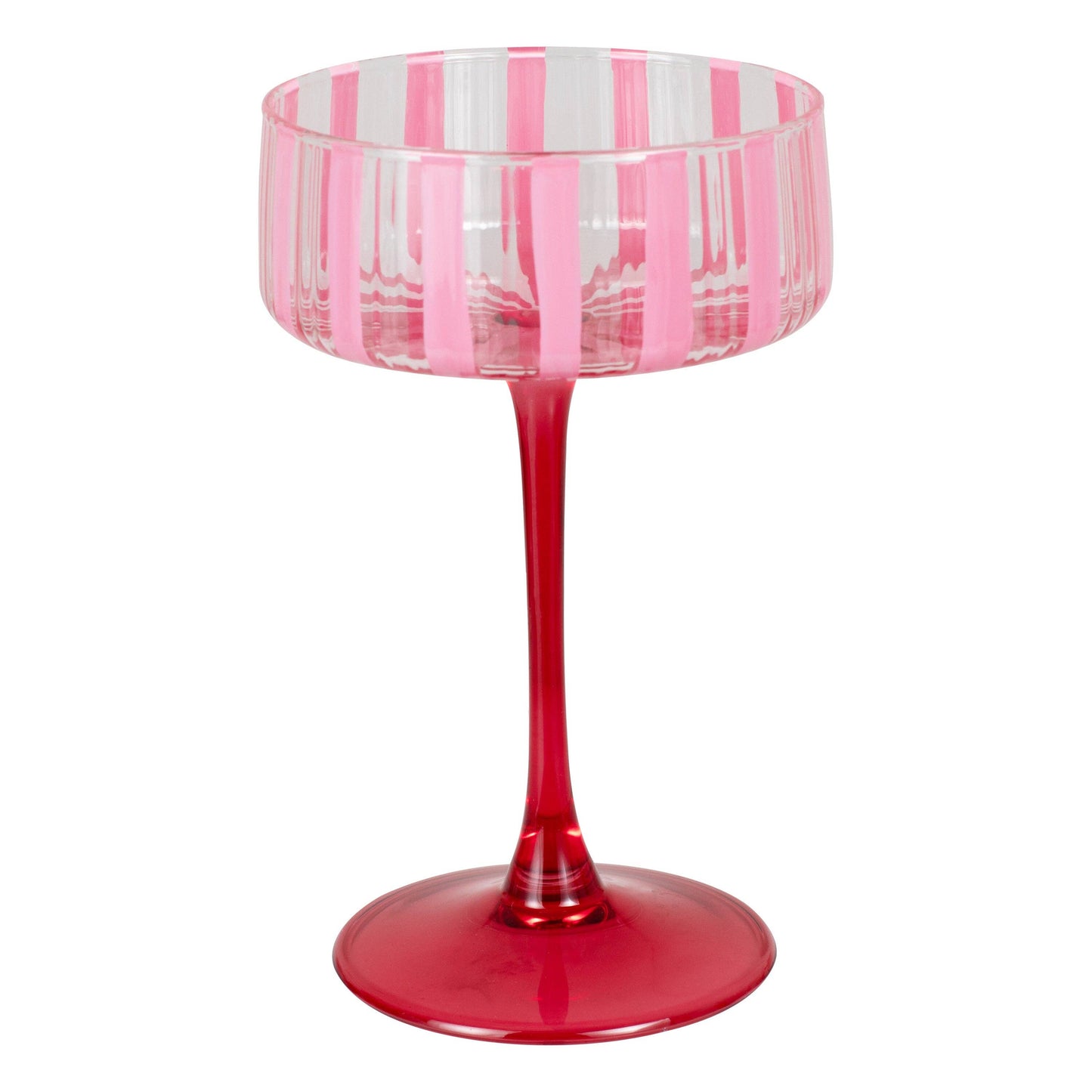 Glass with pink and white striped top and red base on a white background