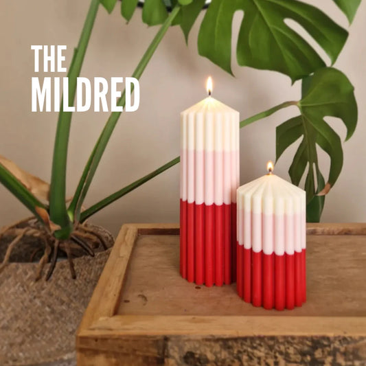 Red, pink and white ombre pillar candle - Mildred | Handmade ribbed candles