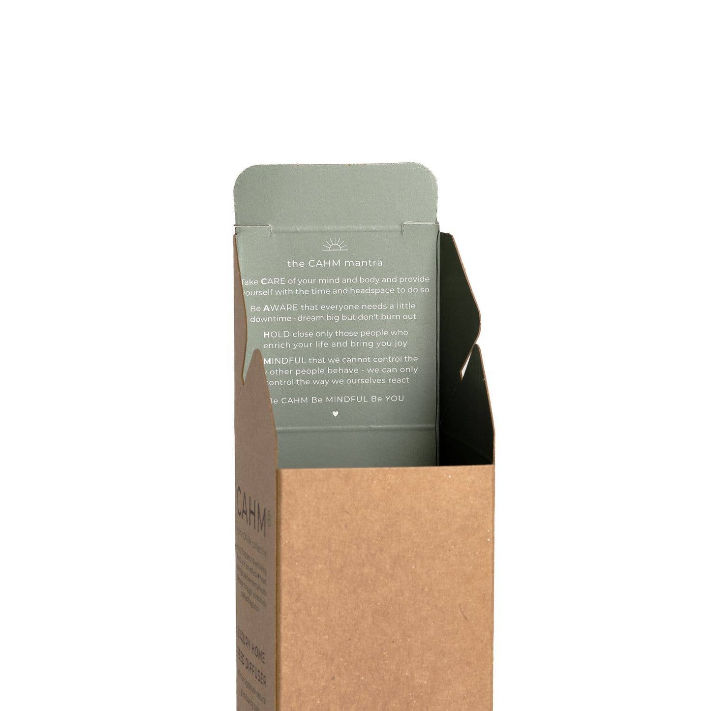 Cardboard box with a green label inside on a white background