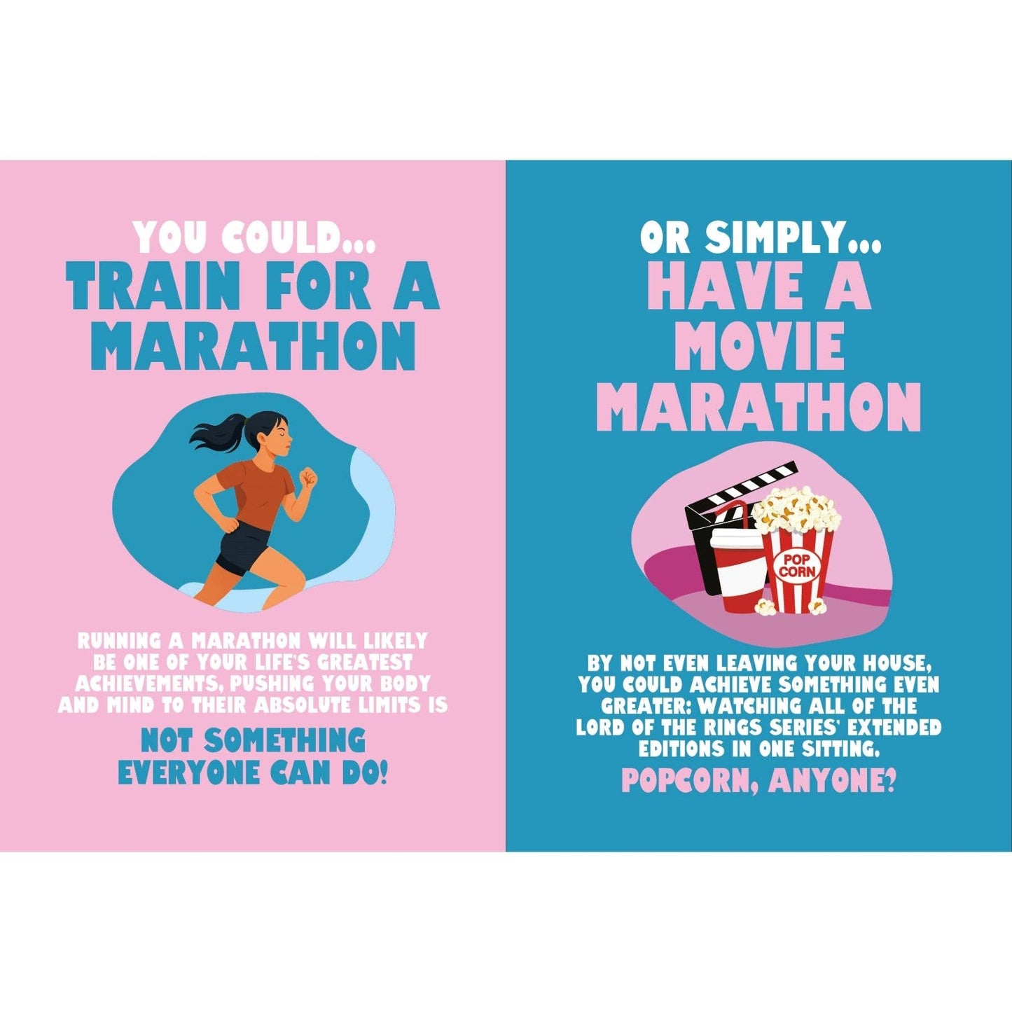 Two contrasting posters on pink and blue backgrounds with text about marathon training and movie marathon.