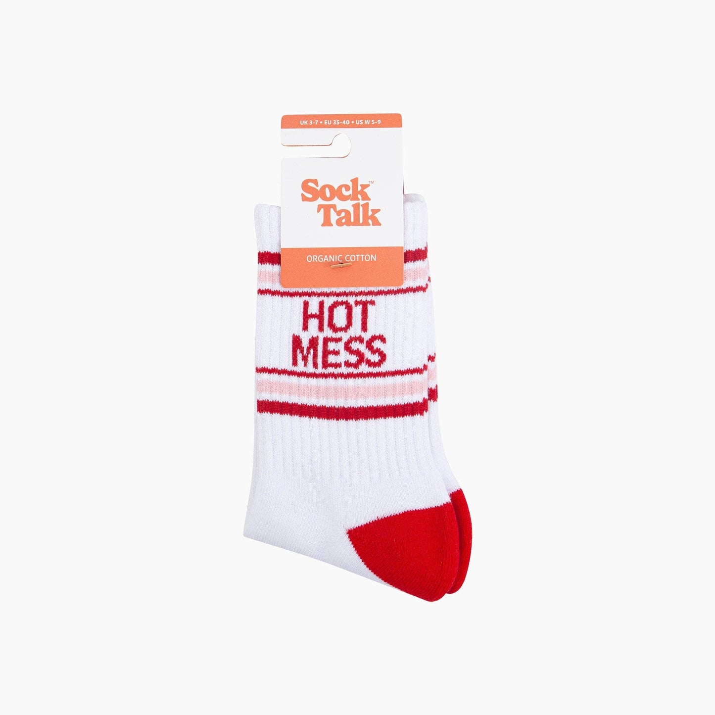 White sock with red text and accents, displayed with packaging on a white background