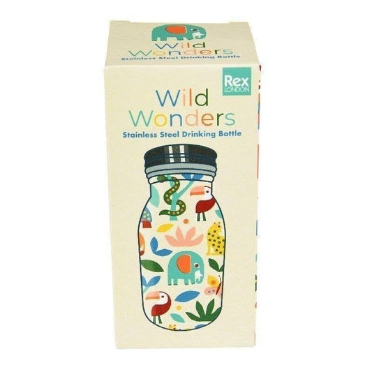 Box of Wild Wonders stainless steel drinking bottle with colorful design on a white background