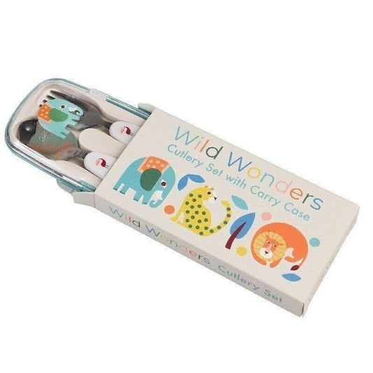 Children's cutlery set with carry case labeled 'Wild Wonders' on a white background