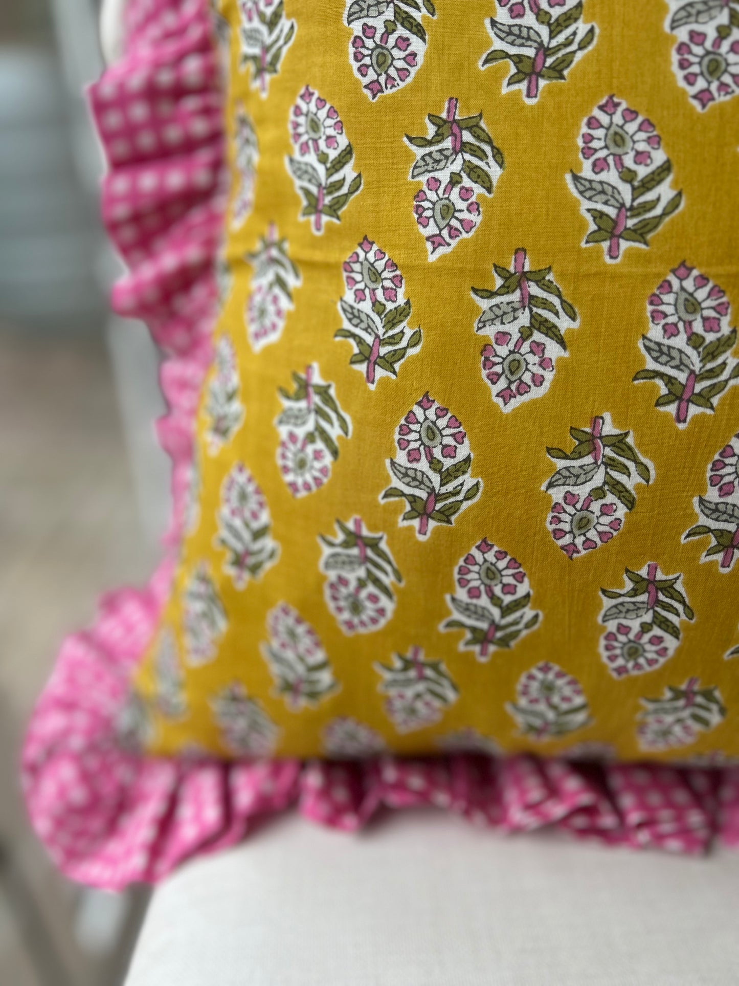 Yellow floral cushion with Pink Gingham Frill | Handmade cushions