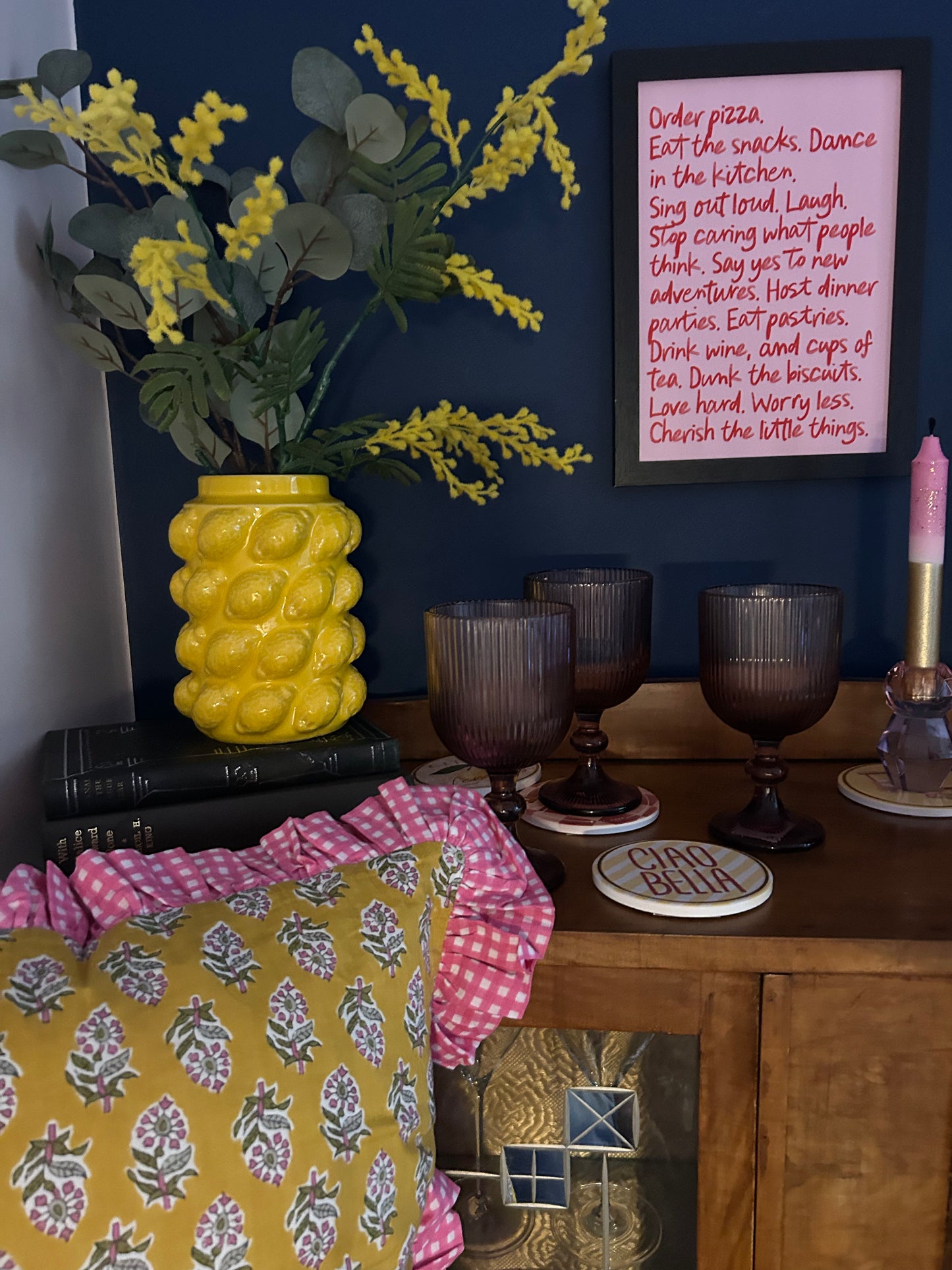 Yellow floral cushion with Pink Gingham Frill | Handmade cushions