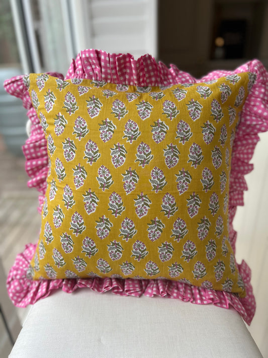 Yellow floral cushion with Pink Gingham Frill | Handmade cushions